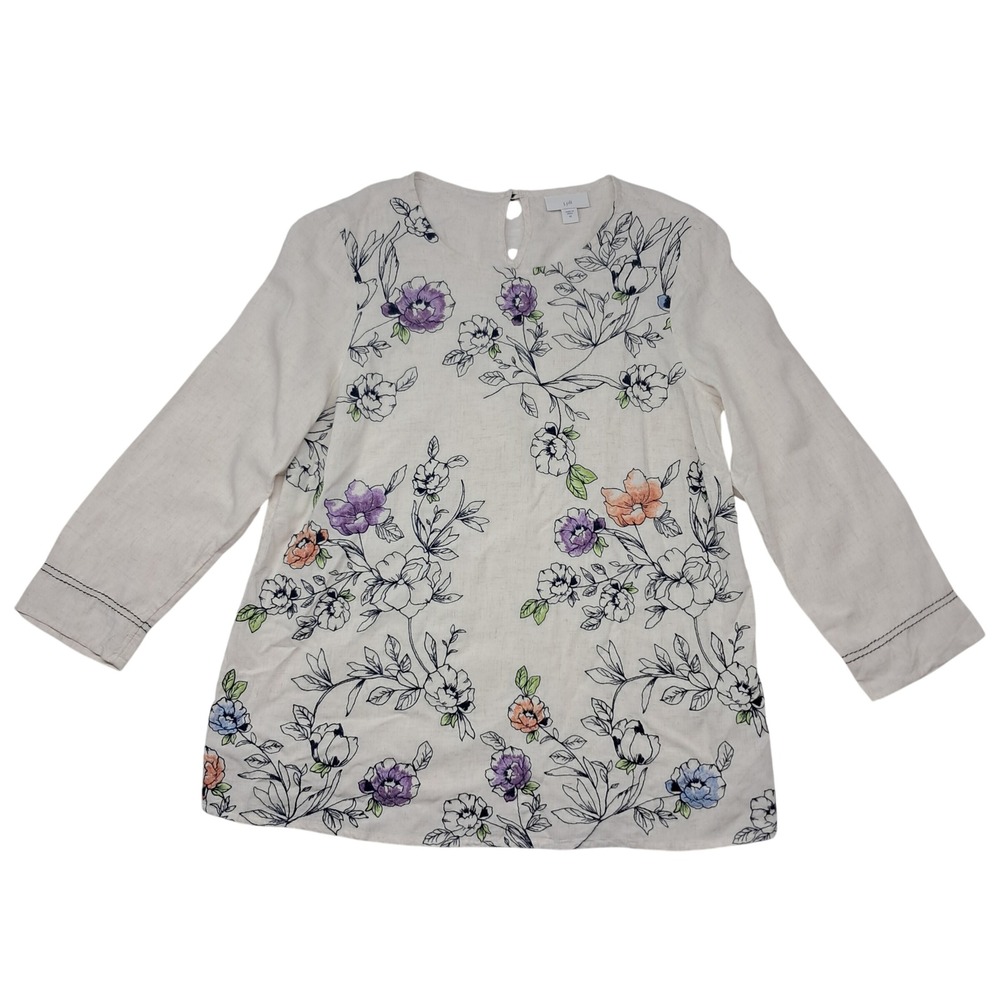 J. Jill Top Womens XS Cream Floral Embroidered Linen Blend Keyhole Back Cottage